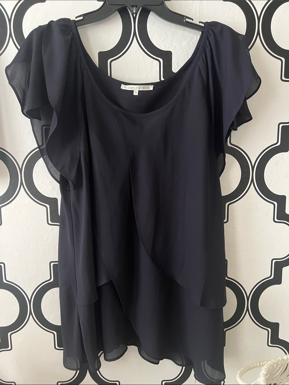 Violet & Claire Navy Layered Flutter Sleeve Chiffon Blouse